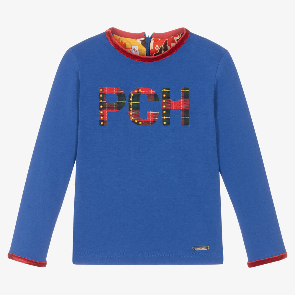 Pan Con Chocolate - Girls Blue Cotton Logo Top | Childrensalon