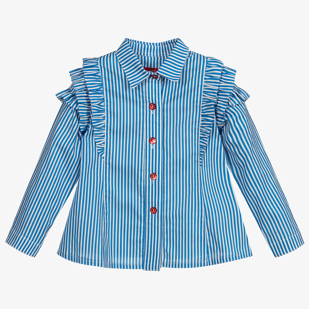 Pan Con Chocolate - قميص قطن مقلم لون أزرق وأبيض للبنات | Childrensalon