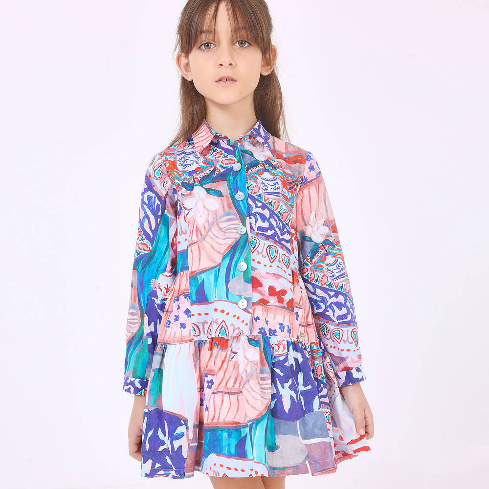 Pan Con Chocolate-Голубое хлопковое платье-рубашка для девочек | Childrensalon Outlet