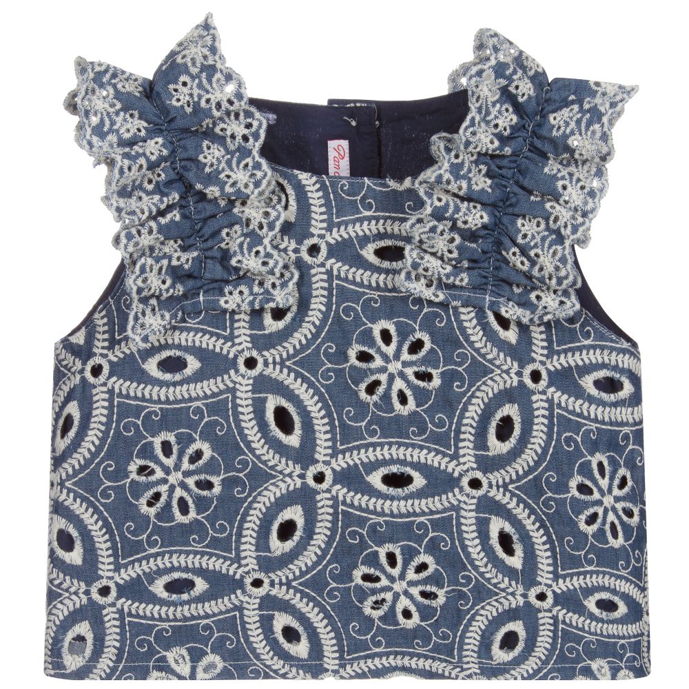 Pan Con Chocolate - Girls Blue Embroidered Top | Childrensalon