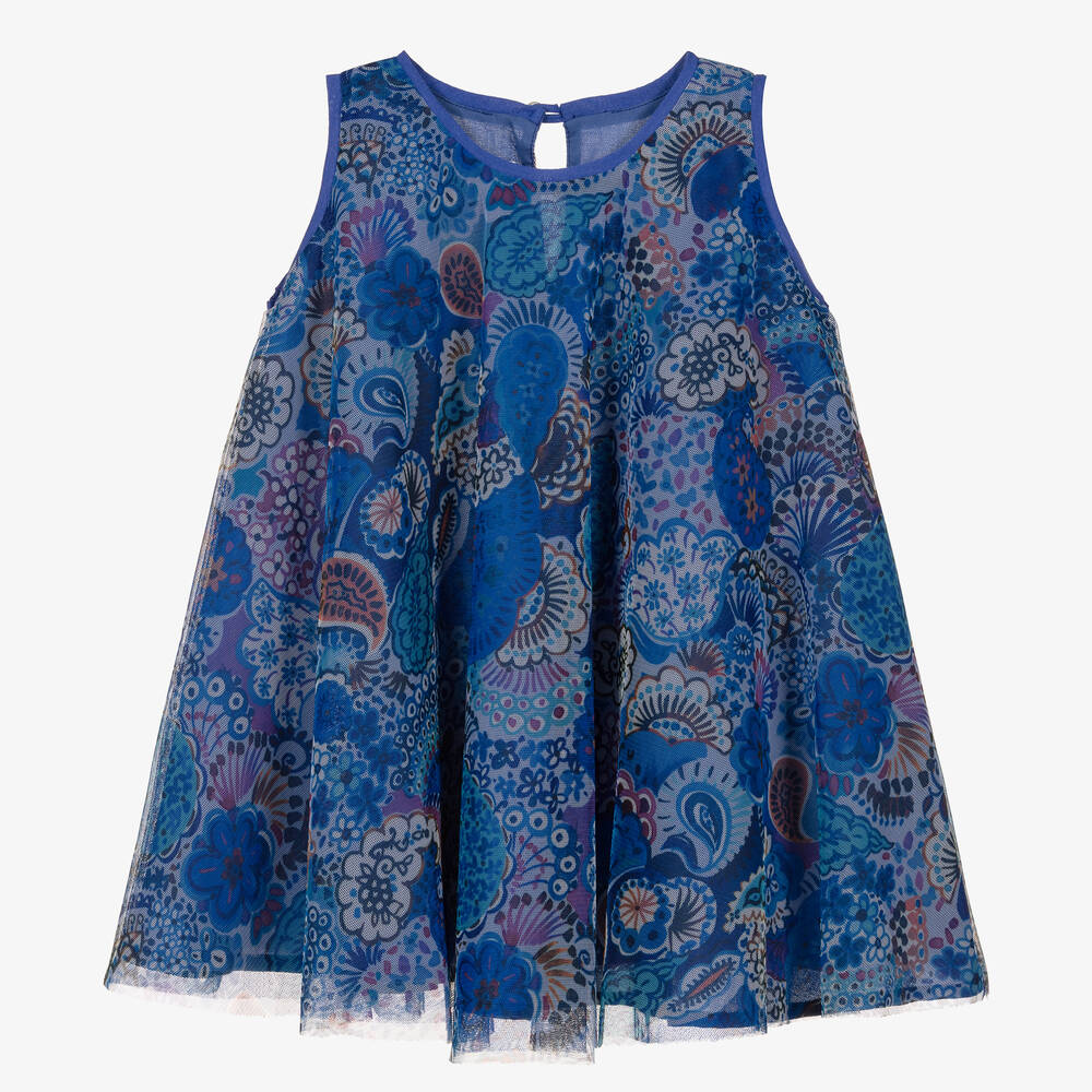 Pan Con Chocolate - Girls Blue Floral Tulle Dress | Childrensalon