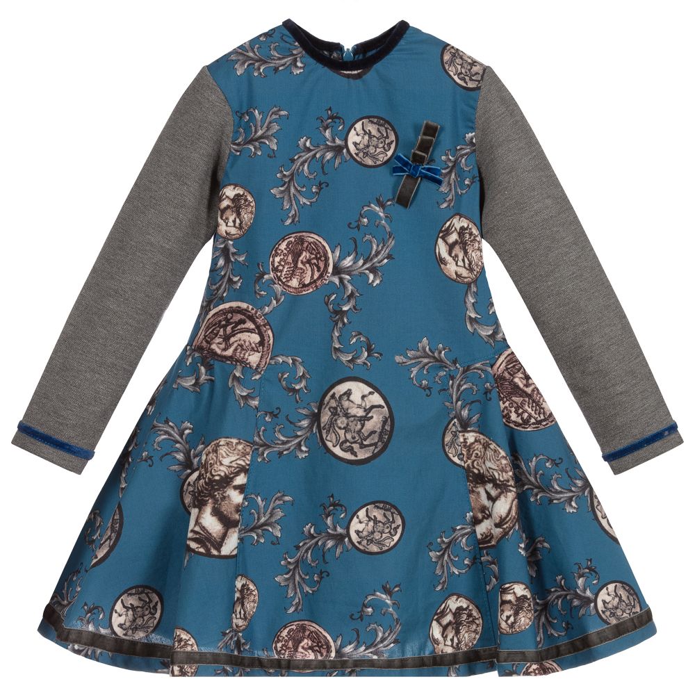Pan Con Chocolate - Girls Blue & Grey Dress  | Childrensalon