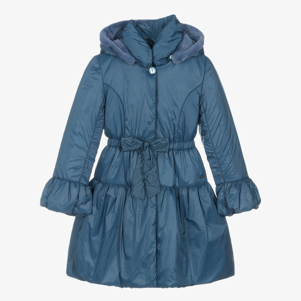 Pan Con Chocolate - Girls Blue Hooded & Padded Coat | Childrensalon