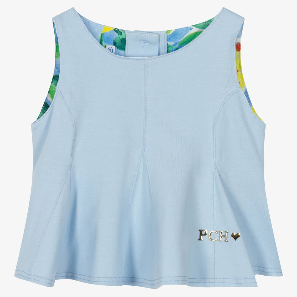 Pan Con Chocolate - Girls Blue Sleeveless Jersey Top | Childrensalon