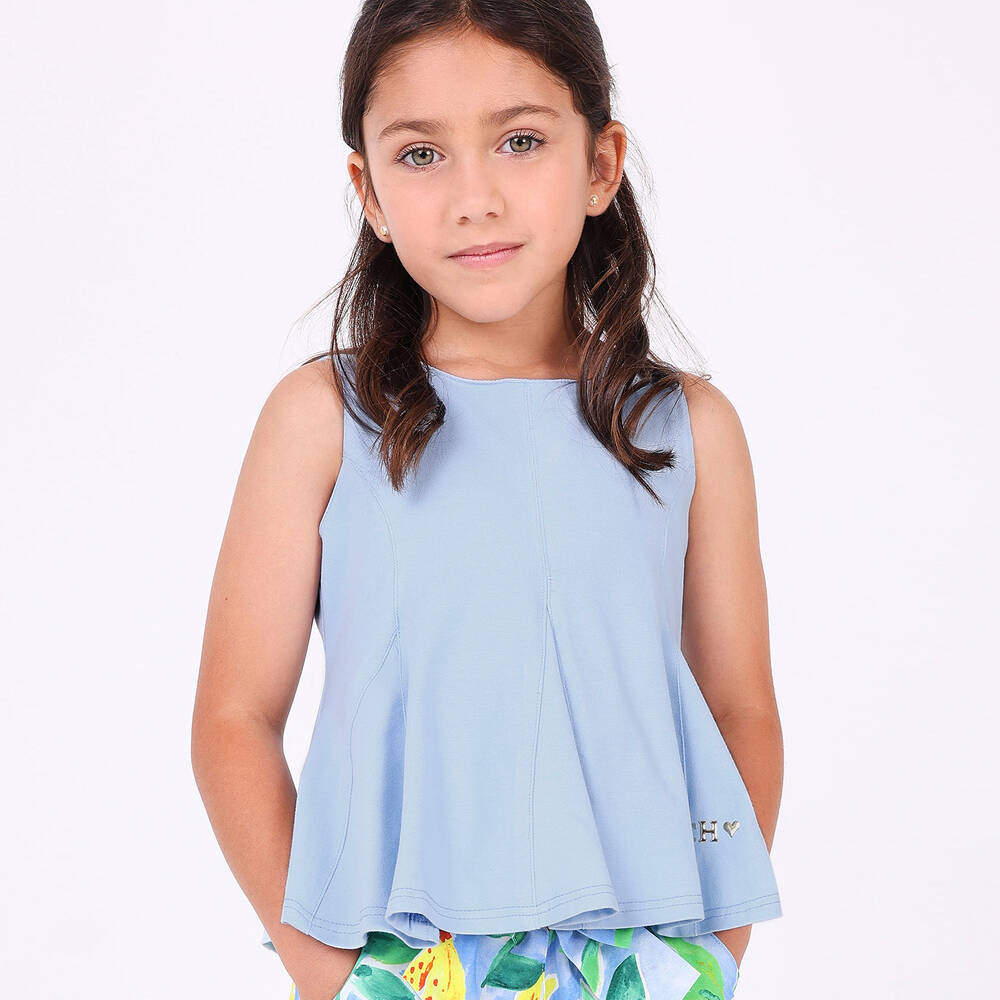 Pan Con Chocolate-Girls Blue Sleeveless Jersey Top | Childrensalon Outlet