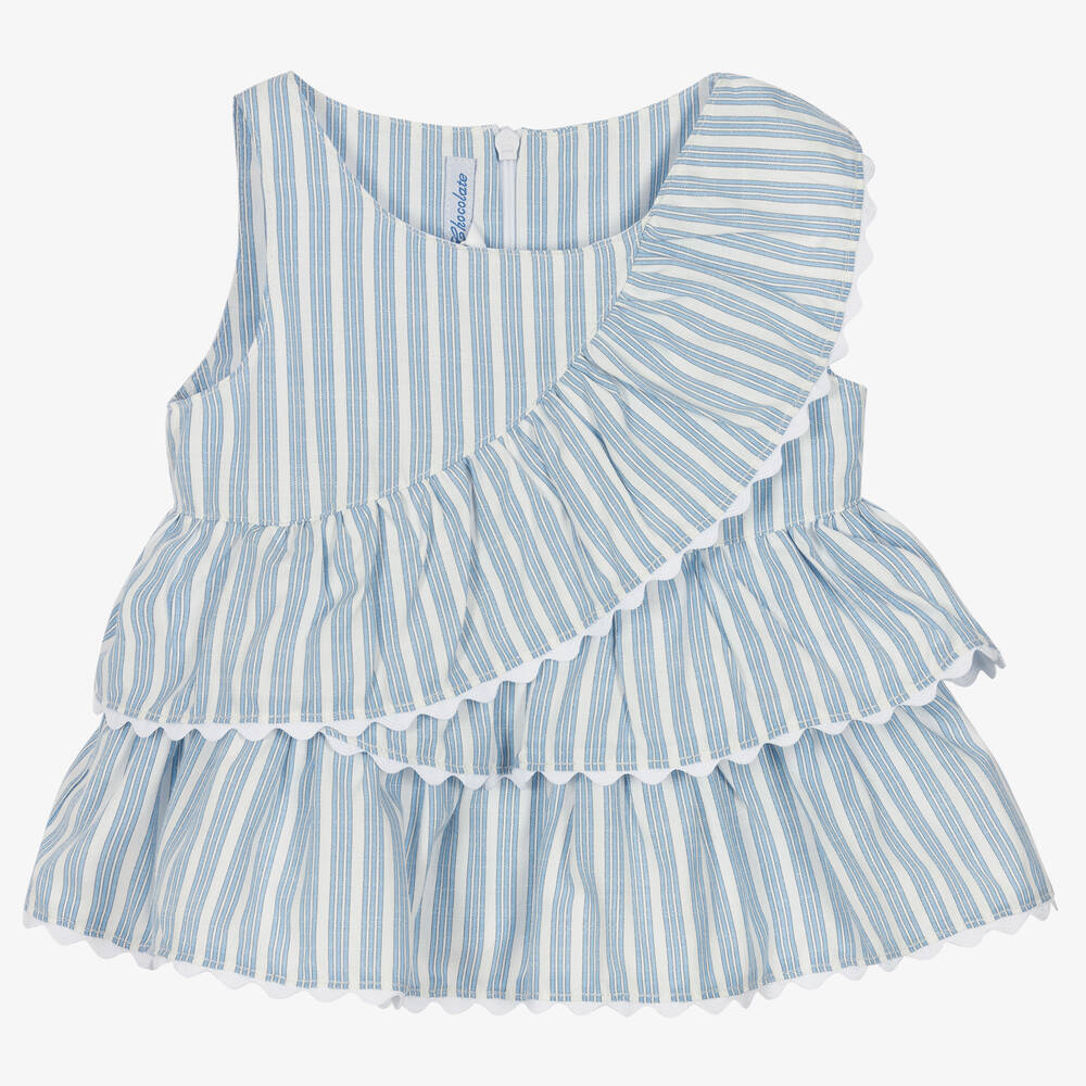 Pan Con Chocolate - Girls Blue & White Striped Ruffle Blouse | Childrensalon