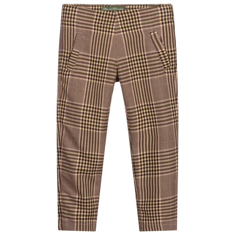 Pan Con Chocolate-Girls Brown Check Trousers  | Childrensalon Outlet