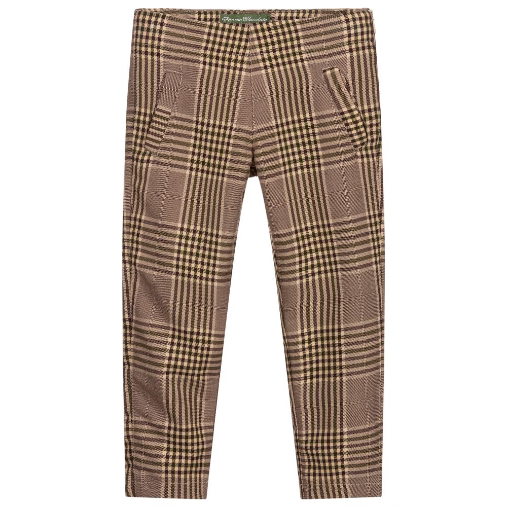 Pan Con Chocolate - Girls Brown Check Trousers  | Childrensalon