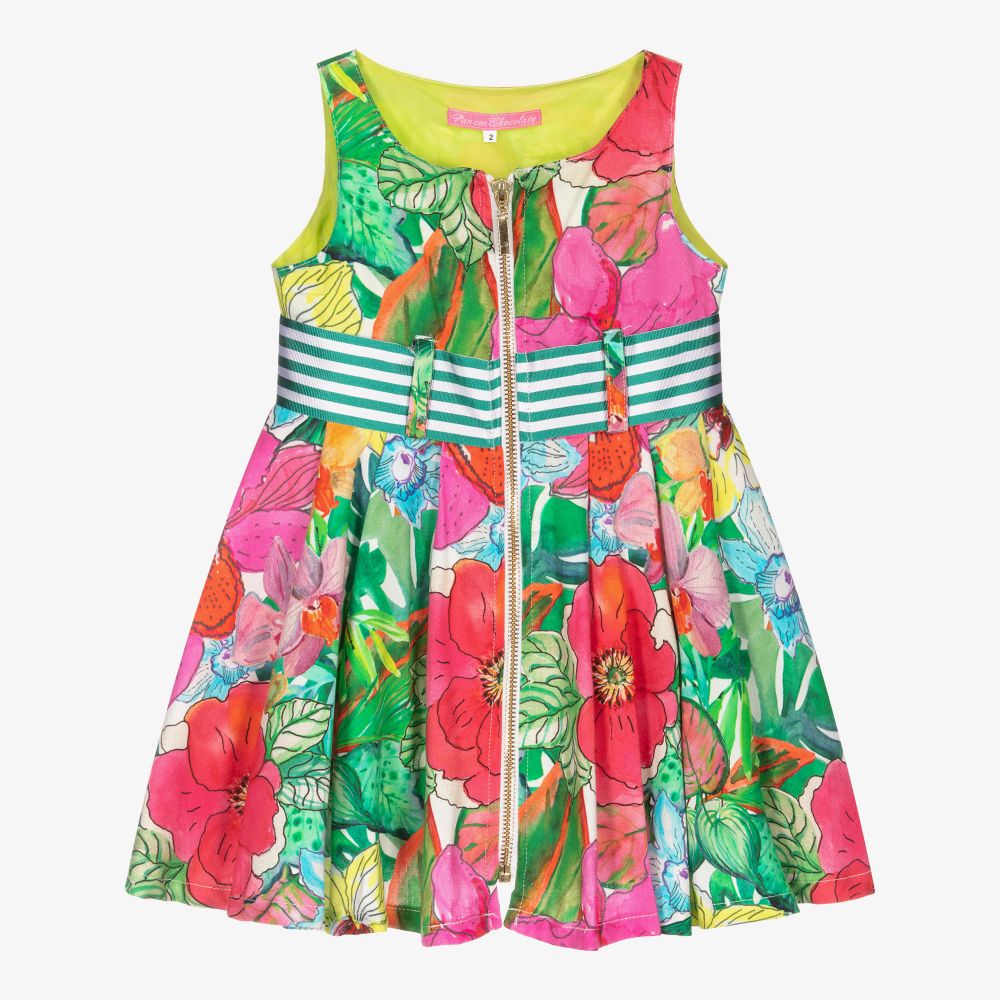 Pan Con Chocolate - Girls Green Cotton Dress | Childrensalon