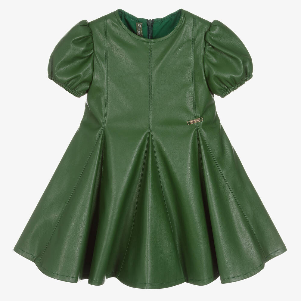 Pan Con Chocolate - Girls Green Faux Leather Dress | Childrensalon