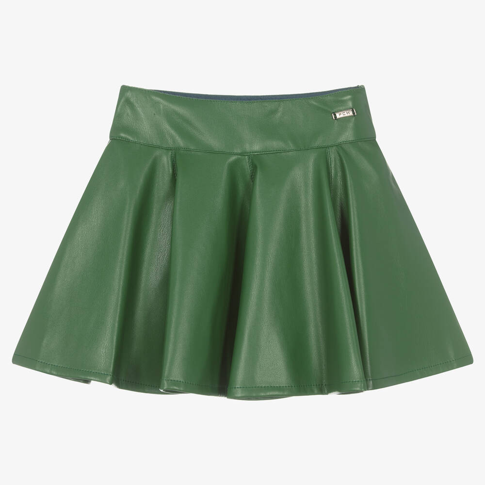 Pan Con Chocolate - Girls Green Faux Leather Skirt | Childrensalon