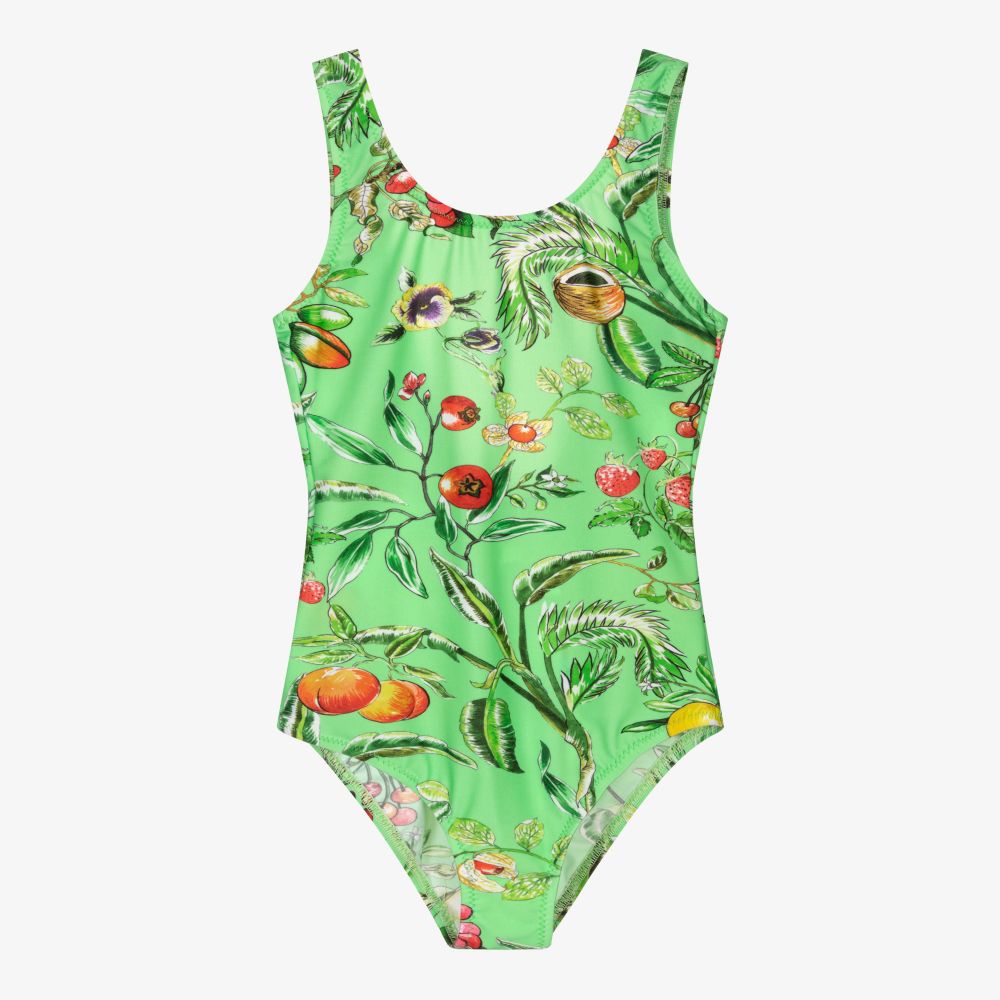 Pan Con Chocolate - Girls Green Floral Swimsuit | Childrensalon