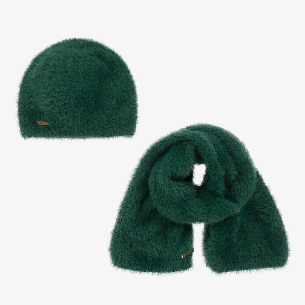 Pan Con Chocolate - Girls Green Fluffy Hat & Scarf Set | Childrensalon