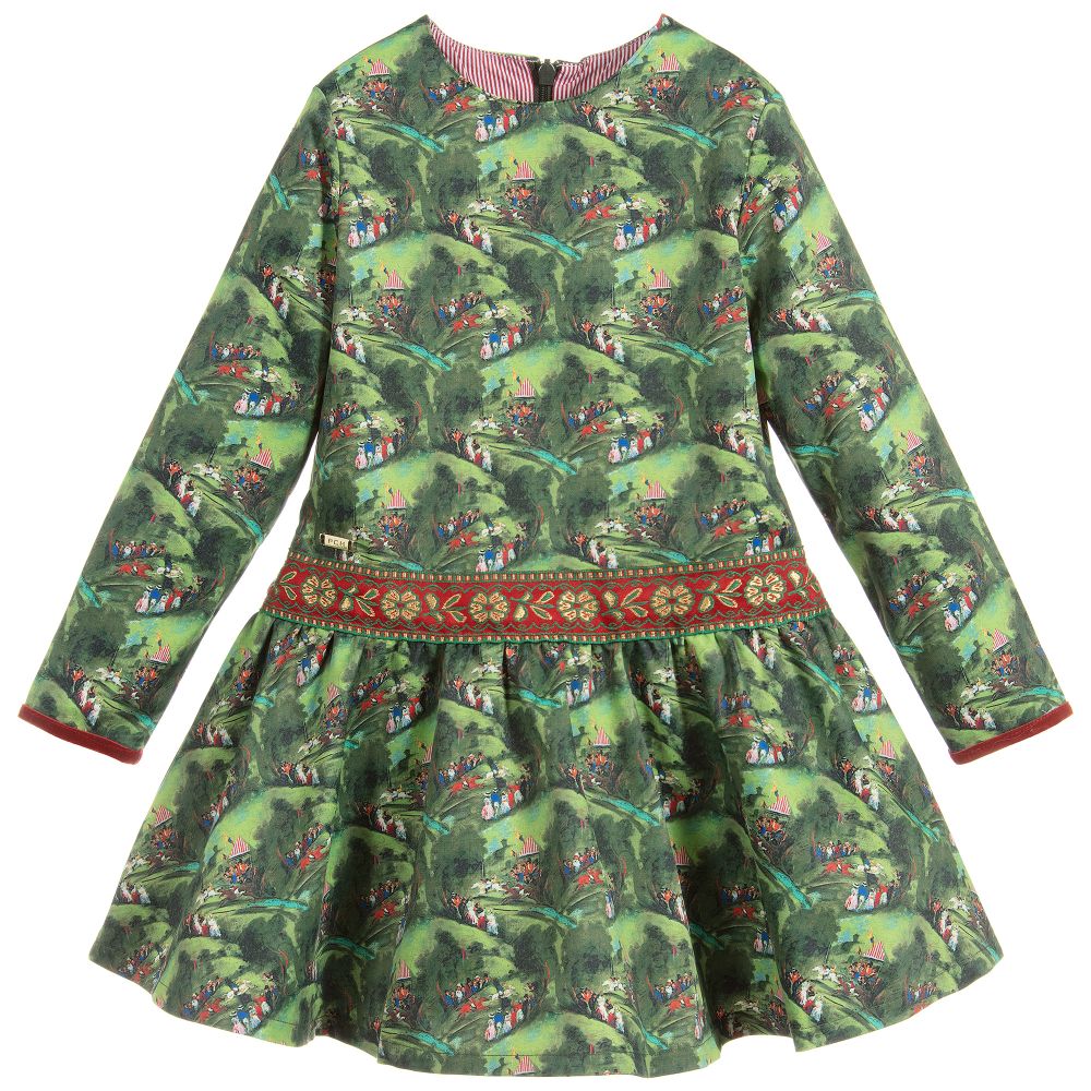 Pan Con Chocolate - فستان  ساتان لون أخضر بطبعة ملونة | Childrensalon