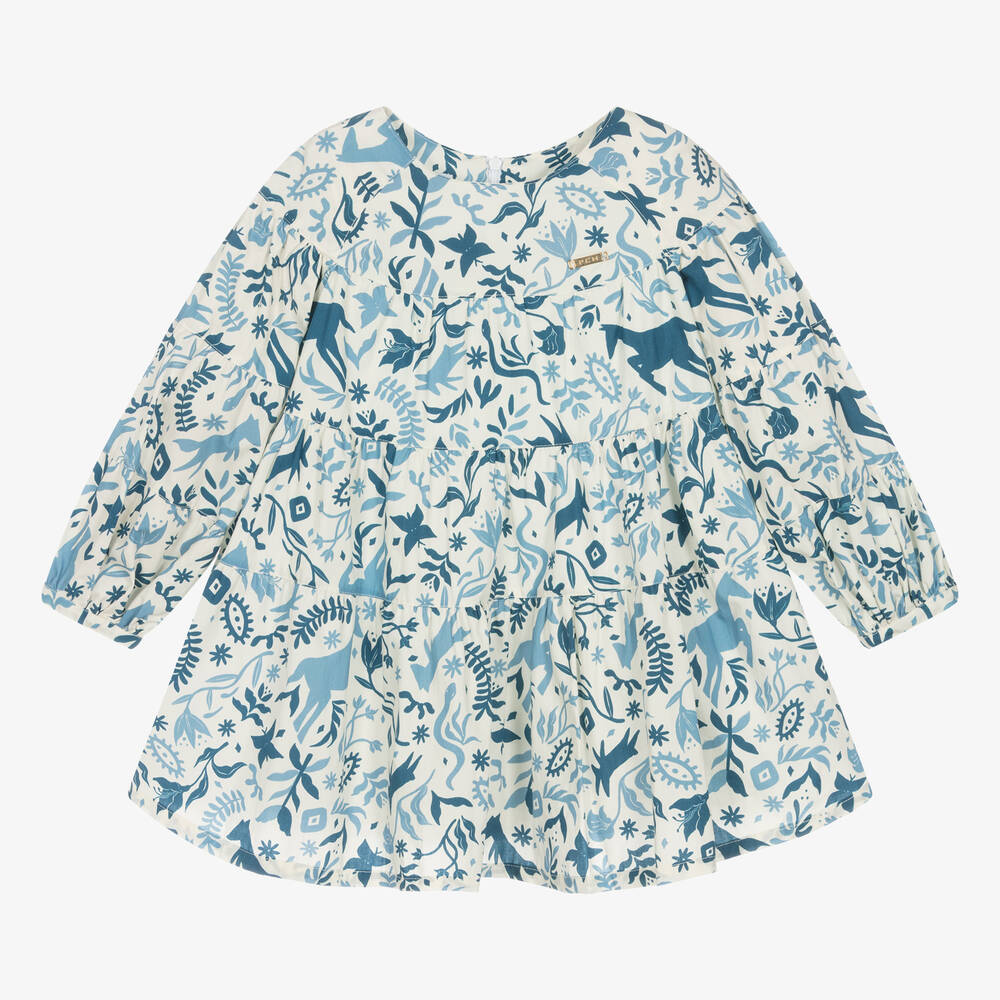 Pan Con Chocolate - Girls Ivory & Blue Cotton Dress | Childrensalon