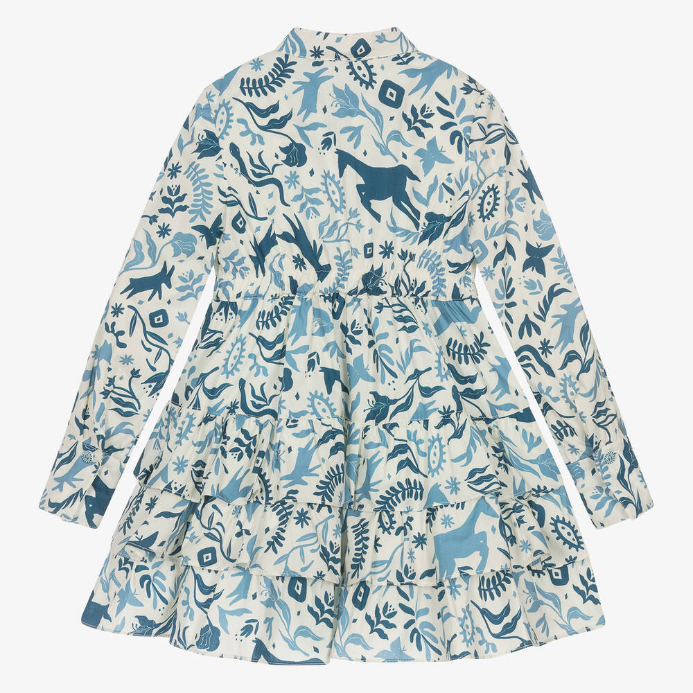 Pan Con Chocolate-Girls Ivory & Blue Cotton Shirt Dress | Childrensalon Outlet