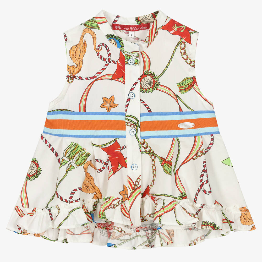 Pan Con Chocolate - Girls Ivory Rope Print Cotton Blouse | Childrensalon