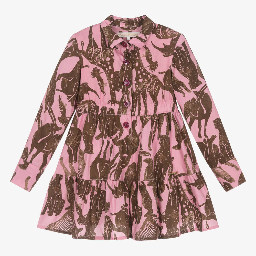 Pan Con Chocolate - Girls Pink & Brown Cotton Shirt Dress | Childrensalon