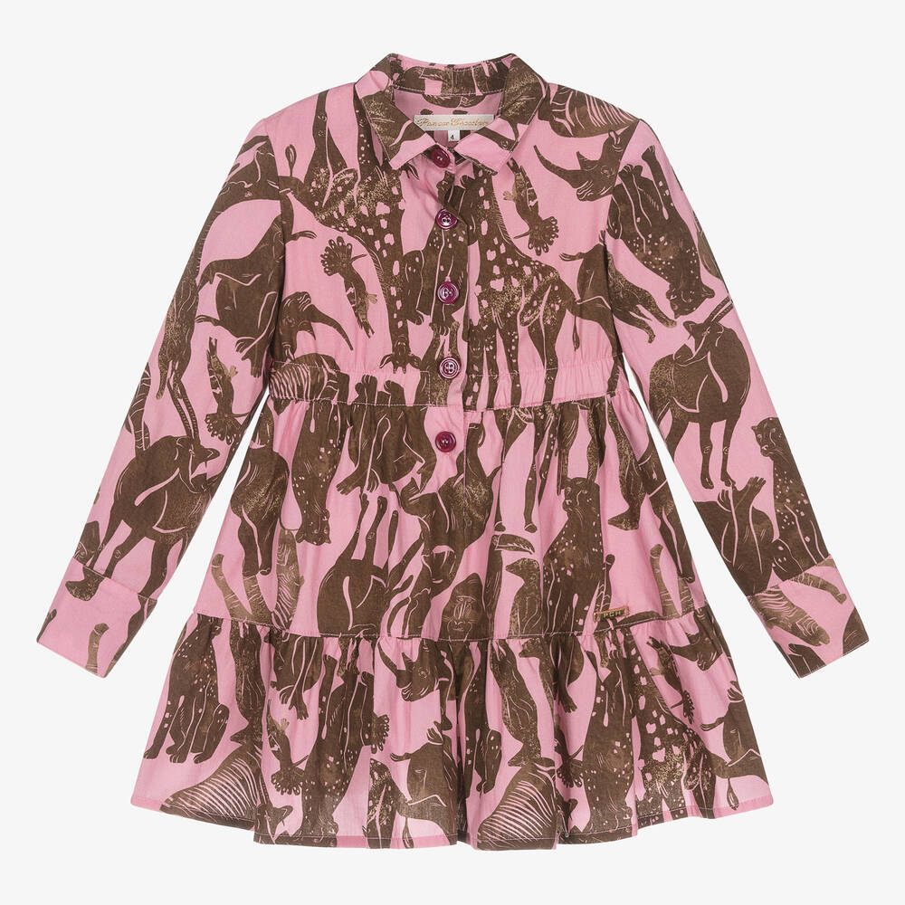 Pan Con Chocolate Girls Pink Brown Cotton Shirt Dress