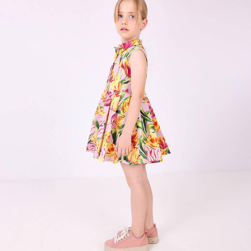 Pan Con Chocolate-فستان قطن بوبلين لون زهري بطبعة ورود | Childrensalon Outlet