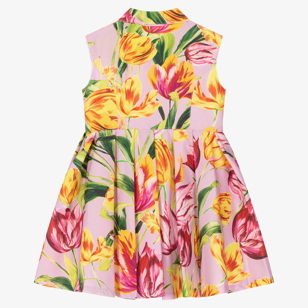 Pan Con Chocolate-فستان قطن بوبلين لون زهري بطبعة ورود | Childrensalon Outlet