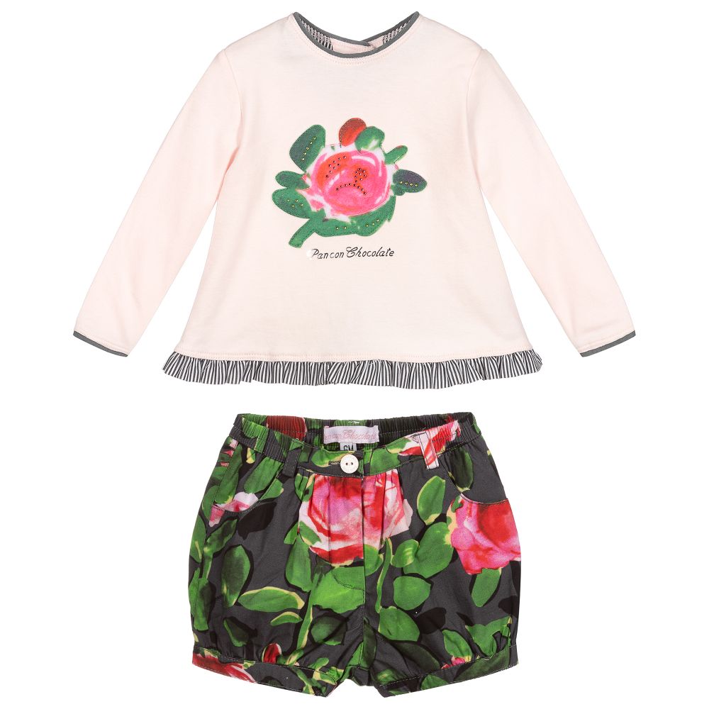 Pan Con Chocolate-Girls Pink Floral Shorts Set | Childrensalon Outlet