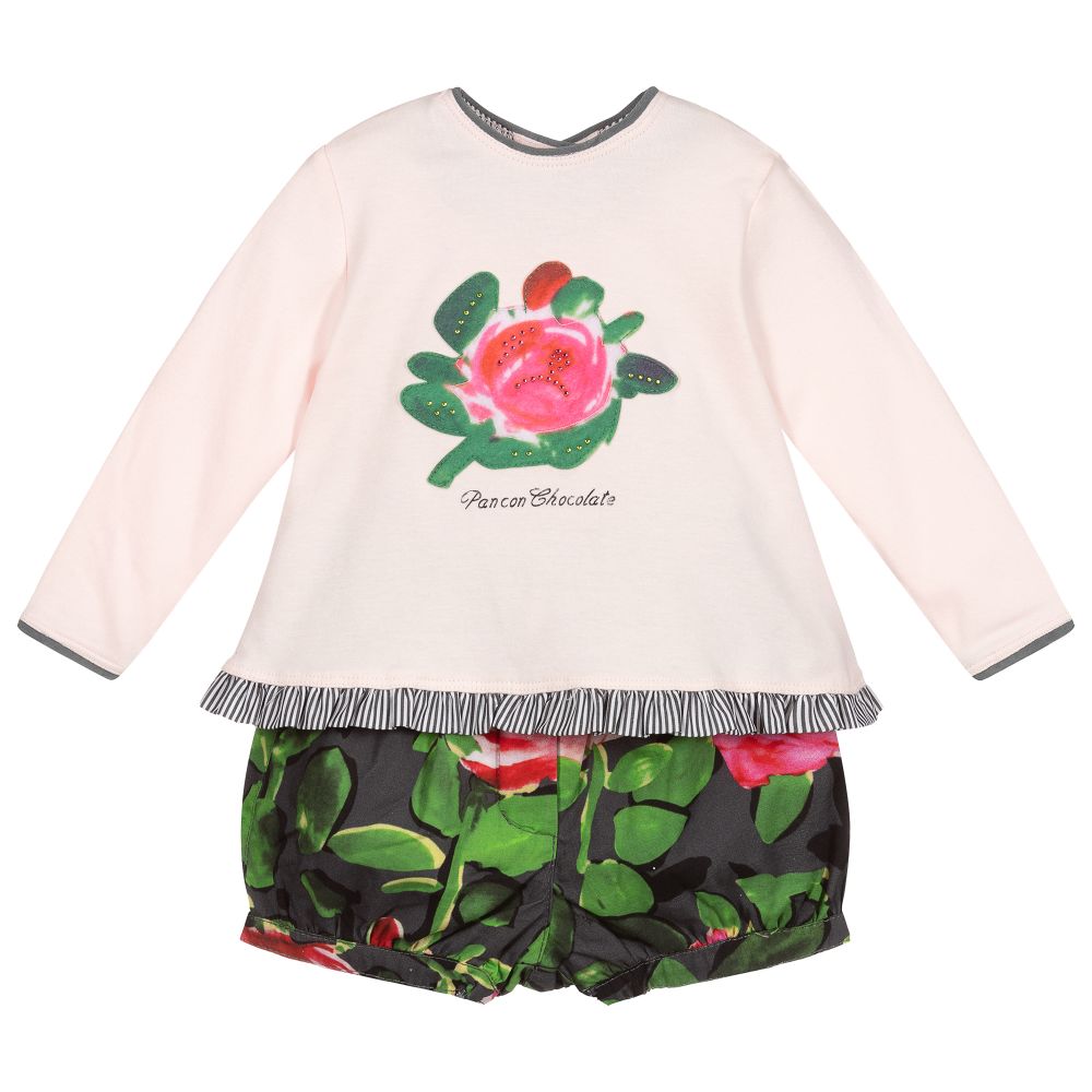 Pan Con Chocolate - Girls Pink Floral Shorts Set | Childrensalon