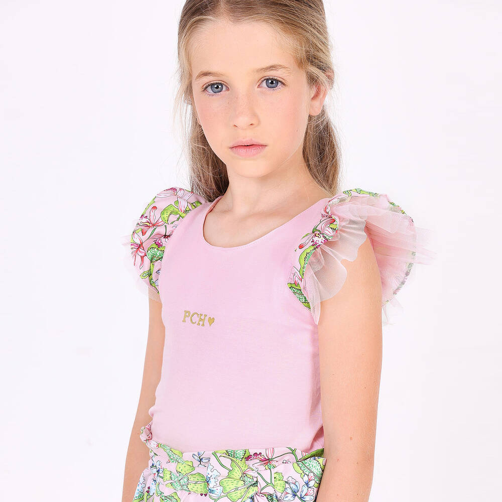 بان كون شوكولا-توب فيسكوز جيرسي مزينة بالكشكش لون زهري | Childrensalon Outlet