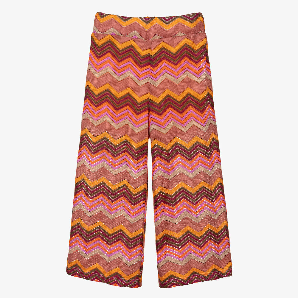 Pan Con Chocolate - Pantalon en maille zigzag rose et orange fille | Childrensalon