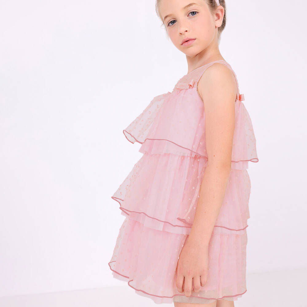 بان كون شوكولا-فستان أورغانزا مزين بكشكش لون زهري | Childrensalon Outlet