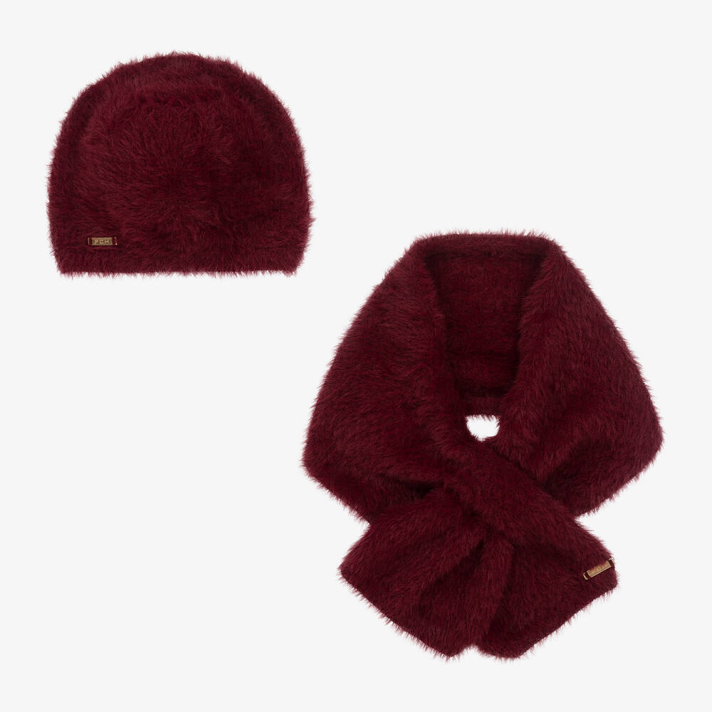 Pan Con Chocolate - Girls Red Fluffy Hat & Scarf Set | Childrensalon
