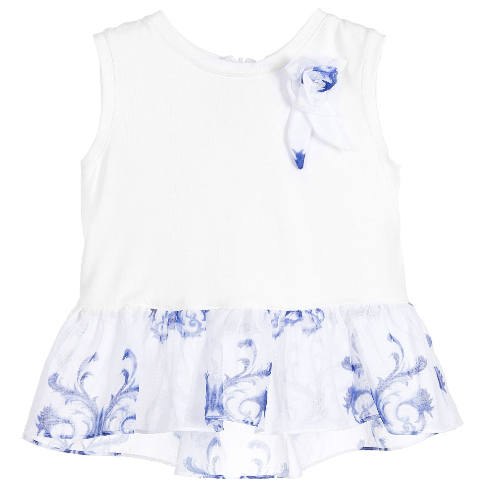 Pan Con Chocolate - Girls White Jersey & Printed Voile Top | Childrensalon