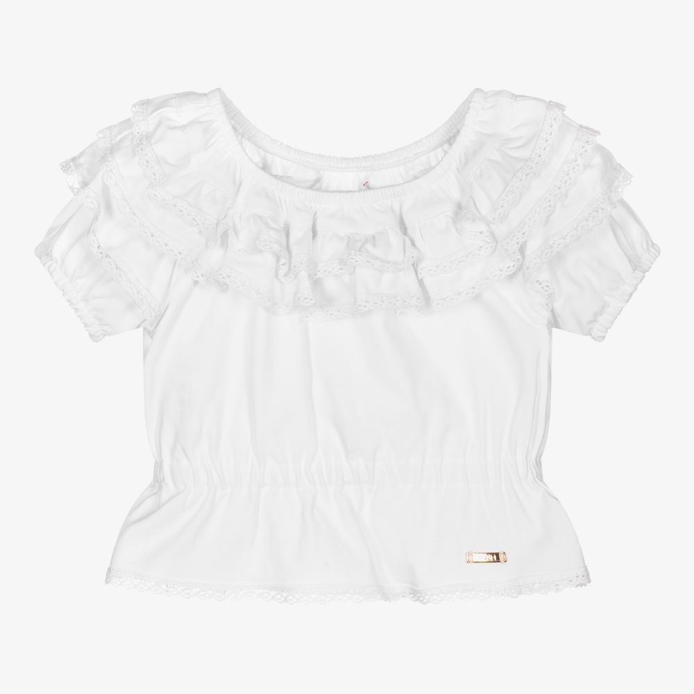 Pan Con Chocolate - Weißes Rüschen-T-Shirt (M) | Childrensalon