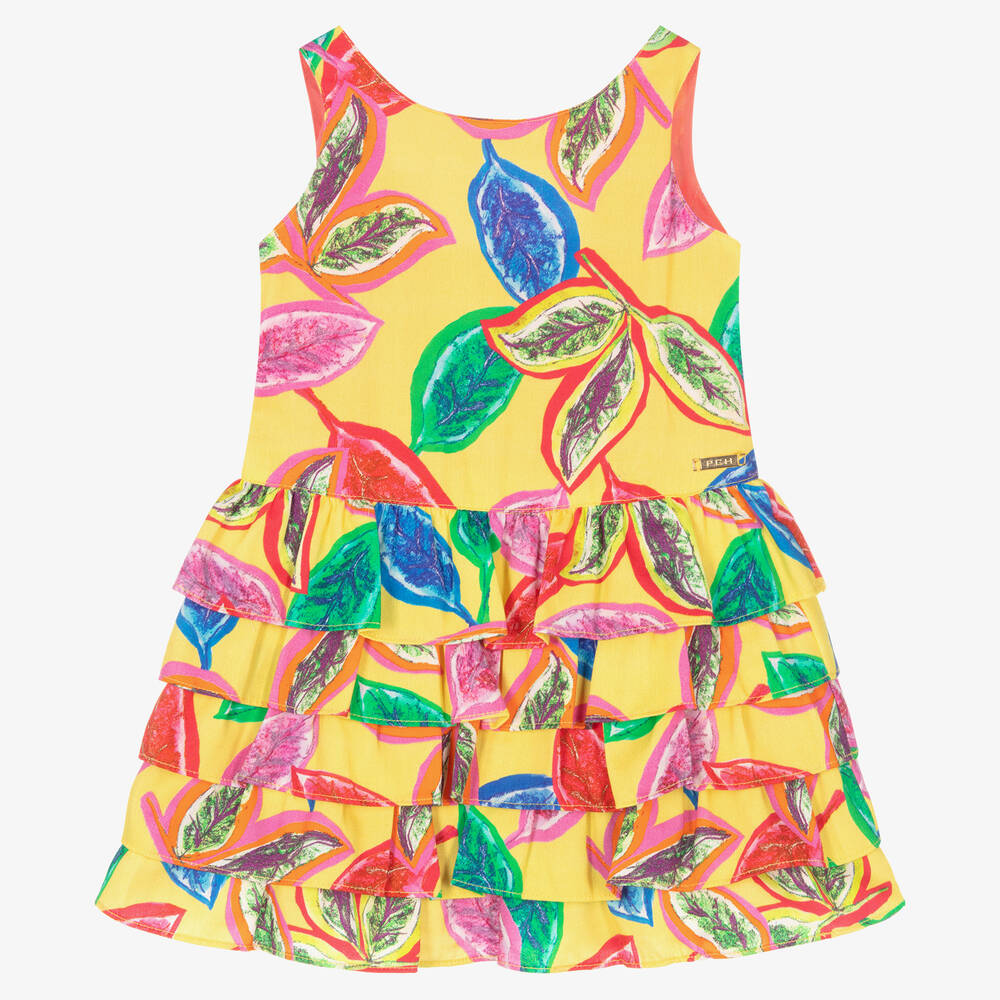Pan Con Chocolate - Girls Yellow Leaf Print Cotton Dress | Childrensalon
