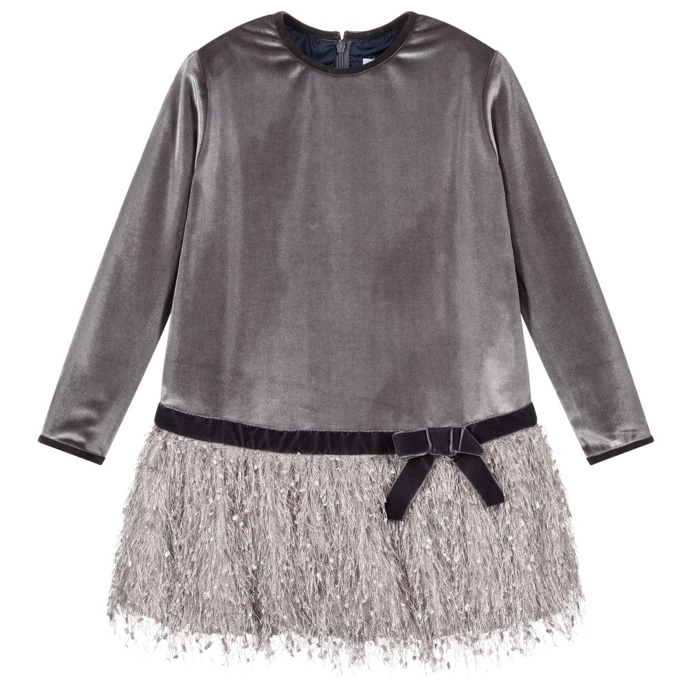 Pan Con Chocolate-Grey Velour & Feathery Dress | Childrensalon Outlet
