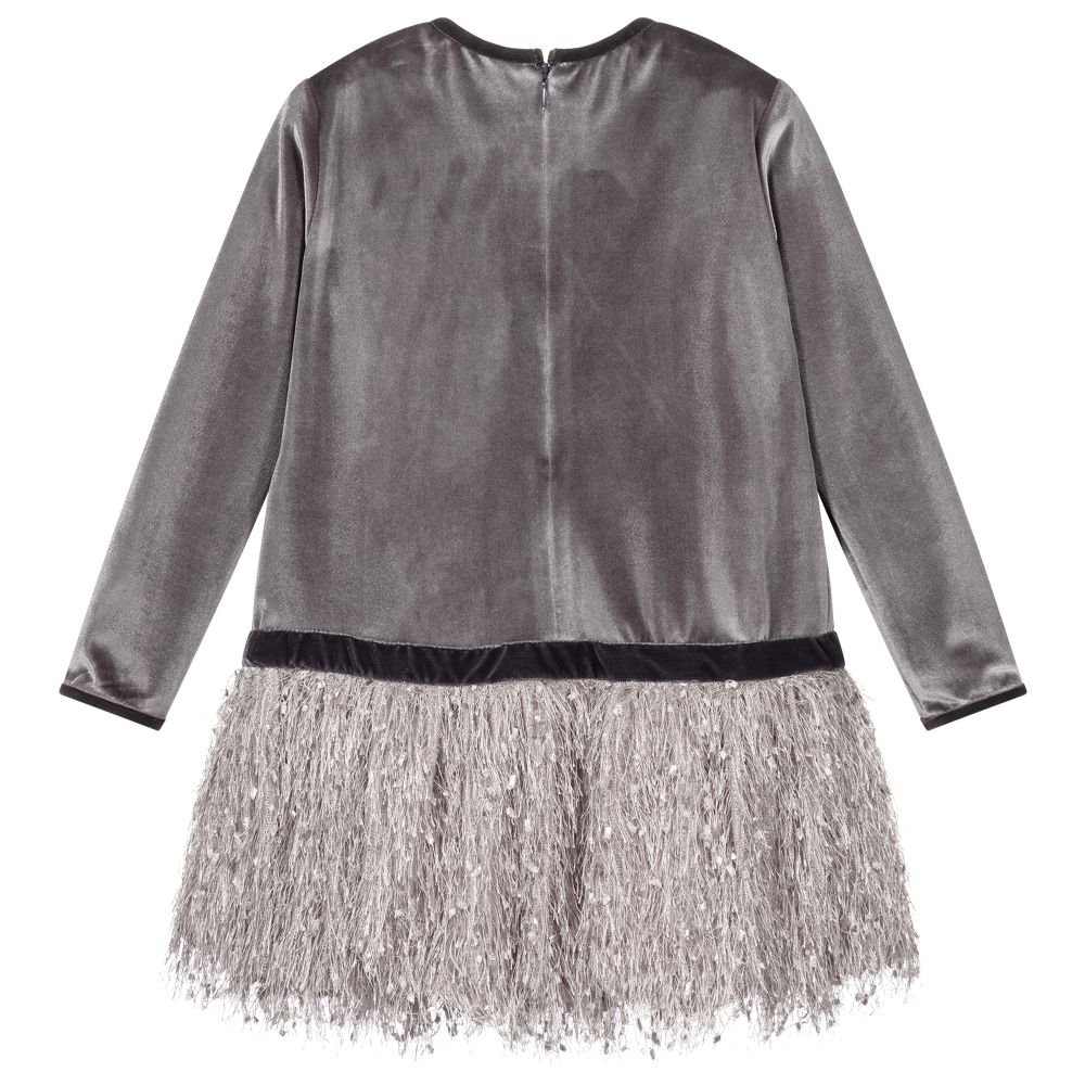 بان كون شوكولا-Grey Velour & Feathery Dress | Childrensalon Outlet