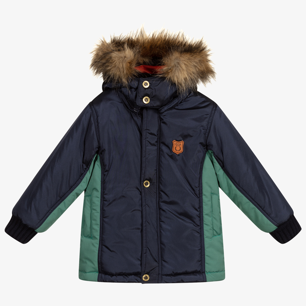 Pan Con Chocolate - Navy Blue & Green Parka Coat | Childrensalon