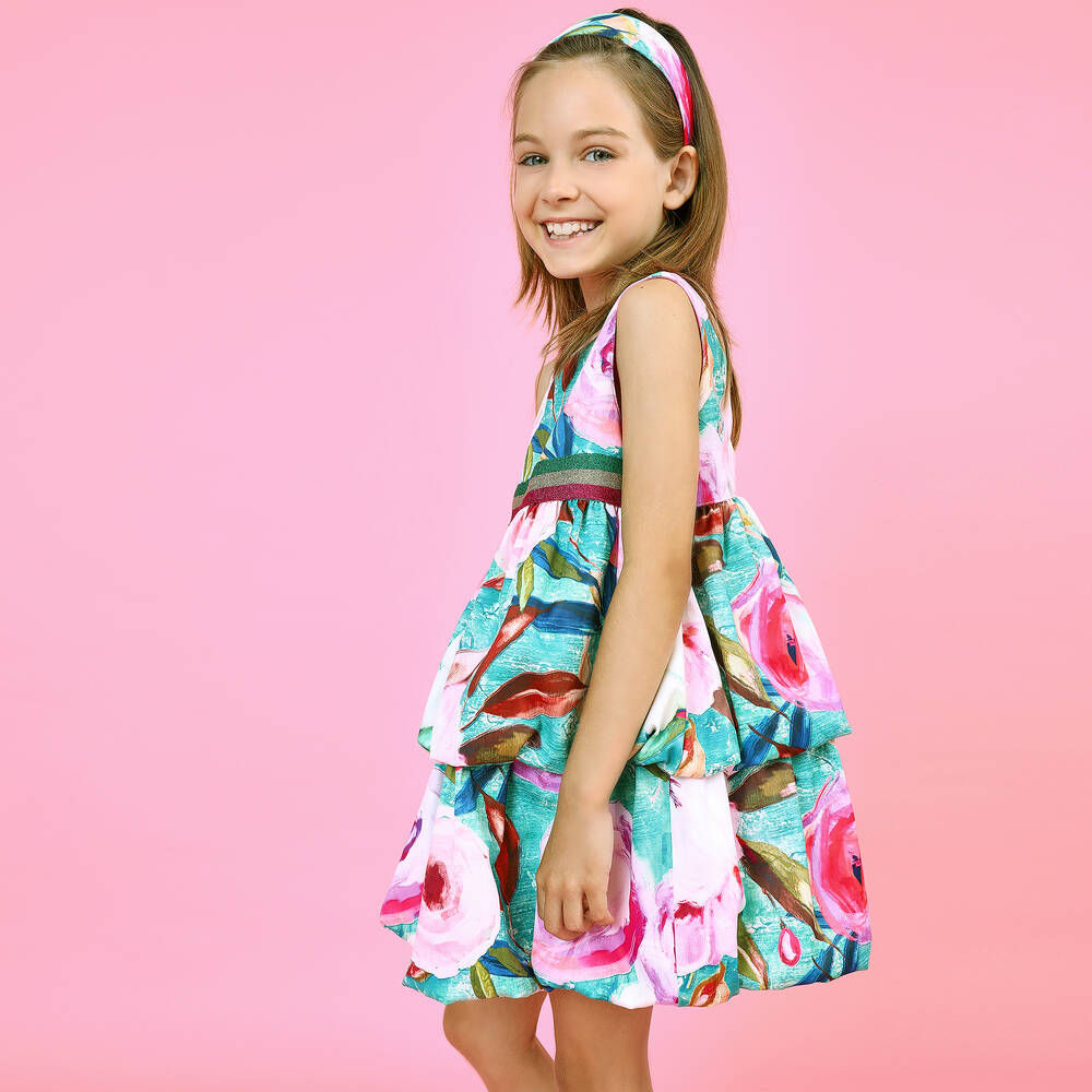 بان كون شوكولا-فستان لون زهري وأخضر بطبعة ورود | Childrensalon Outlet