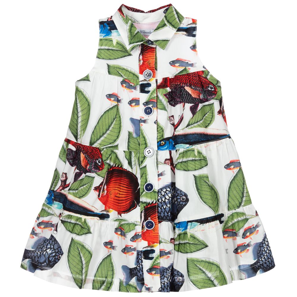 Pan Con Chocolate - White & Green Cotton Dress | Childrensalon