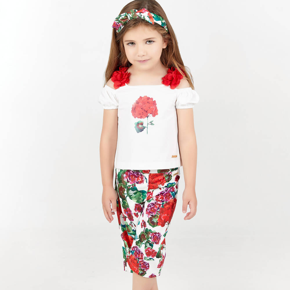 بان كون شوكولا-بنطلون كولوت ساتان لون أبيض بطبعة ورود للبنات | Childrensalon Outlet