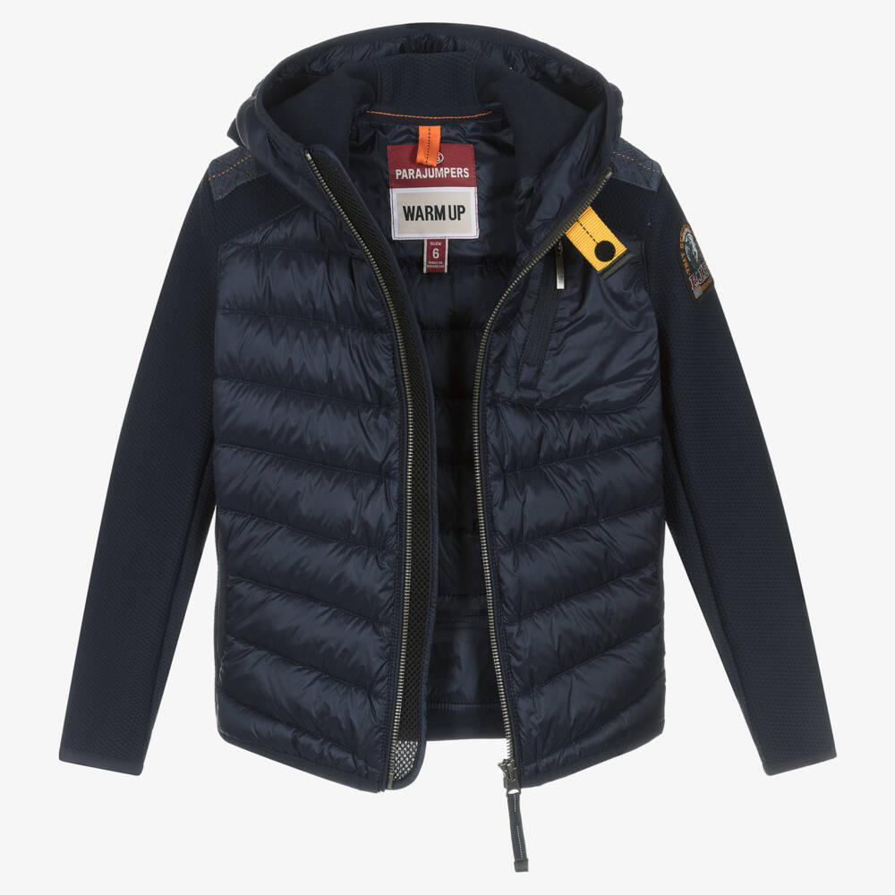 Parajumpers-Boys Navy Blue Hooded Jacket with Knit Sleeves | Childrensalon Outlet
