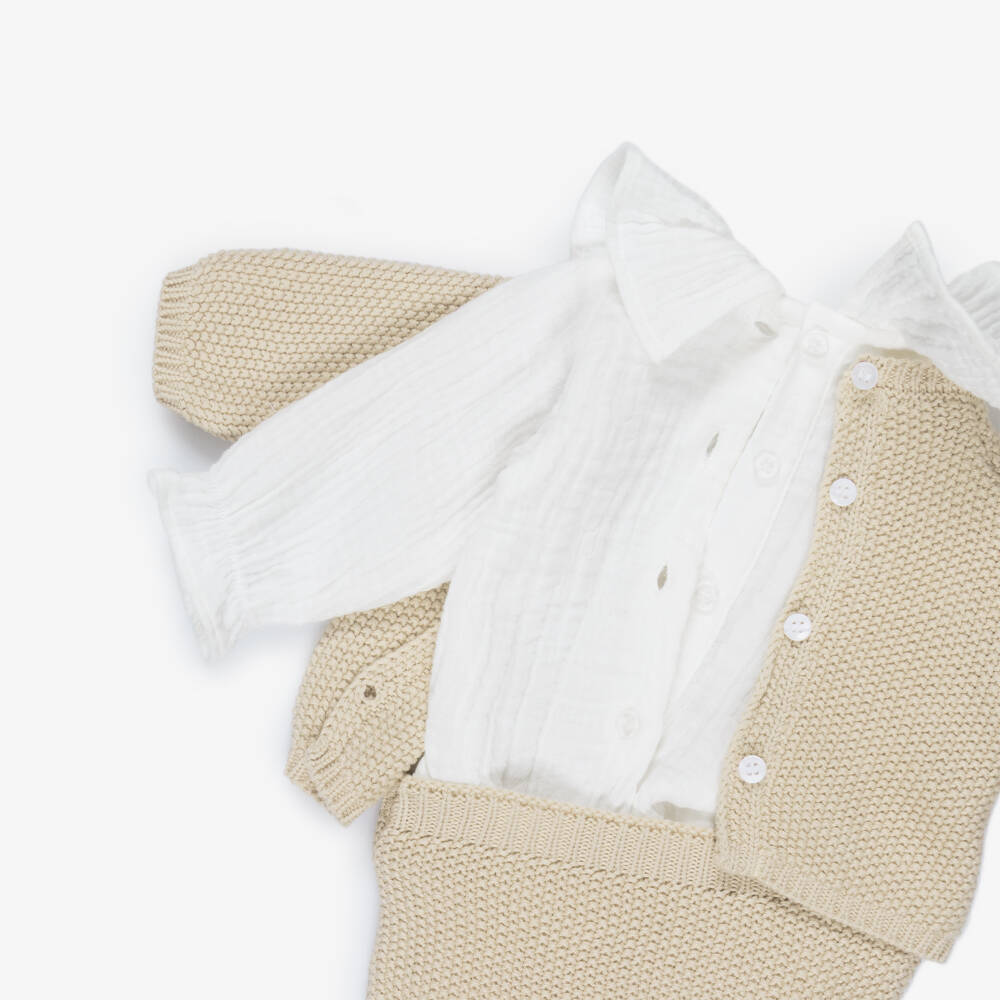 Pasito a Pasito Walking Mum-Beige Cotton Knit Baby Cardigan & Shorts Set | Childrensalon Outlet