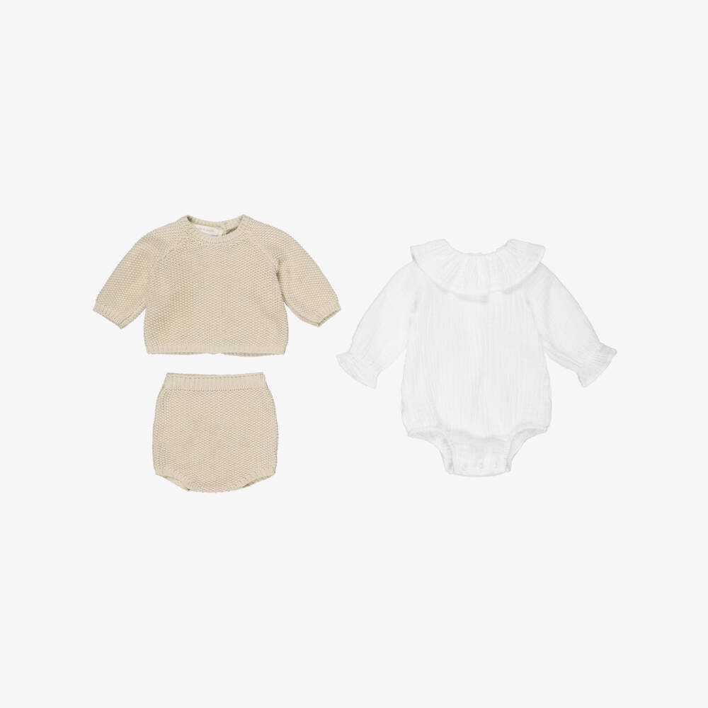 Pasito a Pasito Walking Mum-Beige Cotton Knit Baby Cardigan & Shorts Set | Childrensalon Outlet