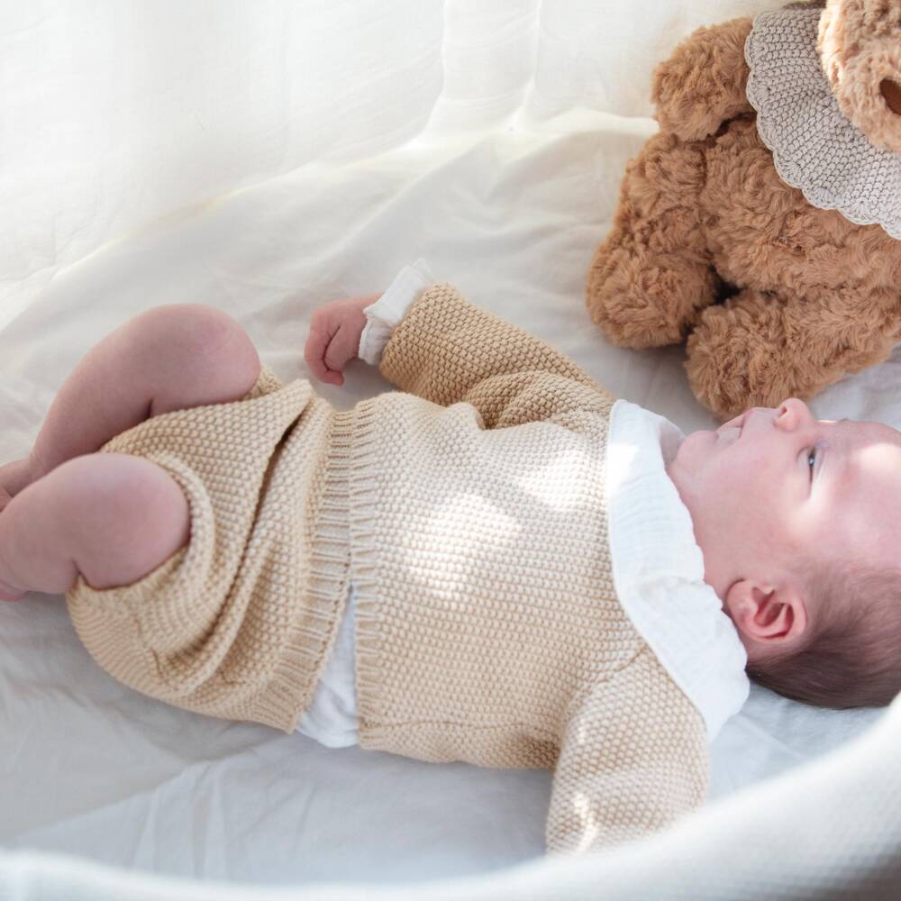 Pasito a Pasito Walking Mum-Beige Cotton Knit Baby Cardigan & Shorts Set | Childrensalon Outlet