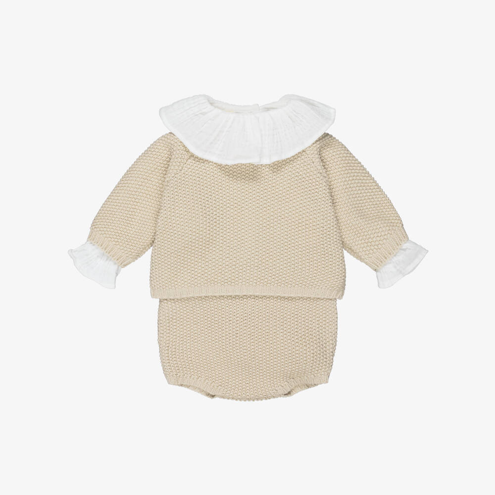 Pasito a Pasito Walking Mum-Beige Cotton Knit Baby Cardigan & Shorts Set | Childrensalon Outlet