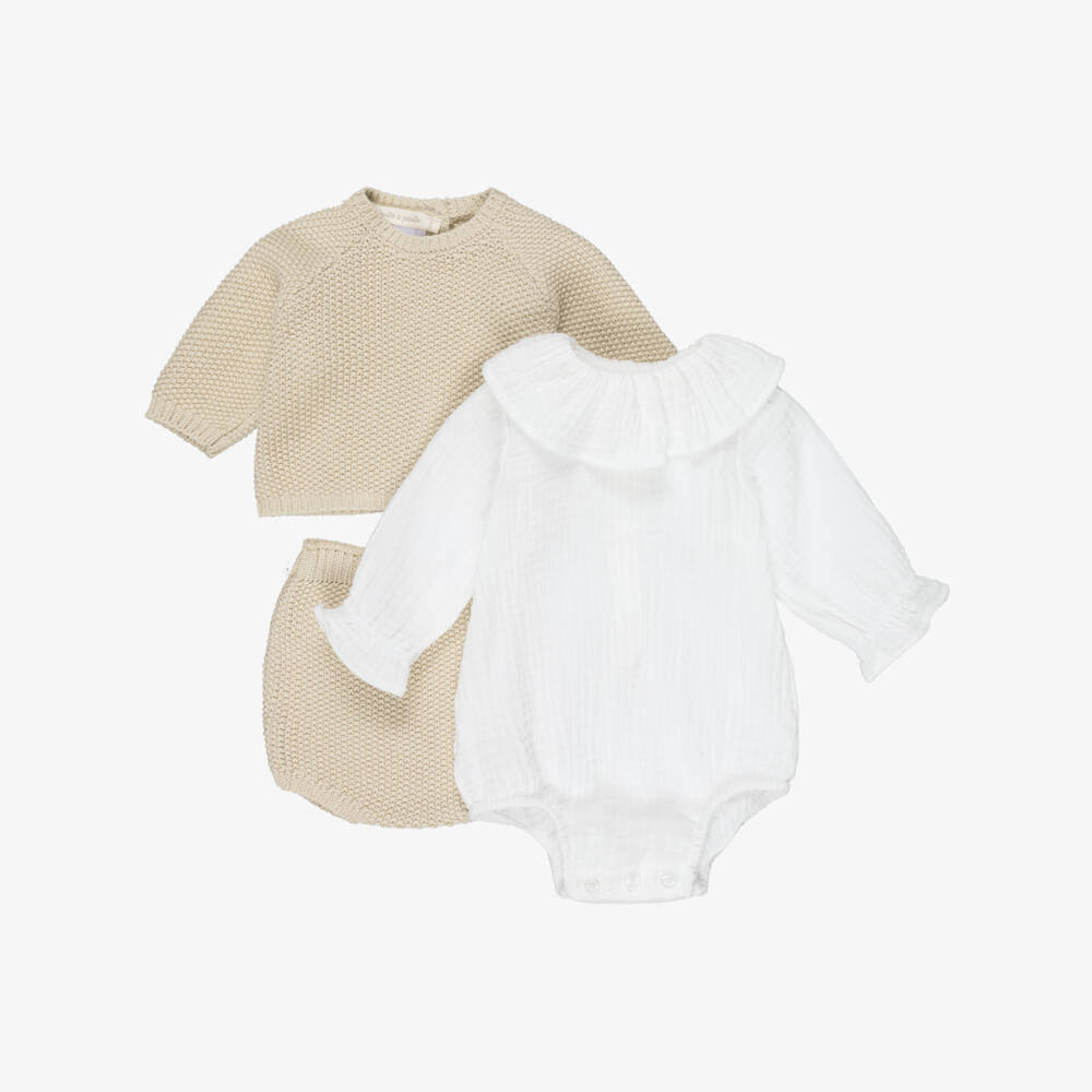 Pasito a Pasito Walking Mum-Beige Cotton Knit Baby Cardigan & Shorts Set | Childrensalon Outlet