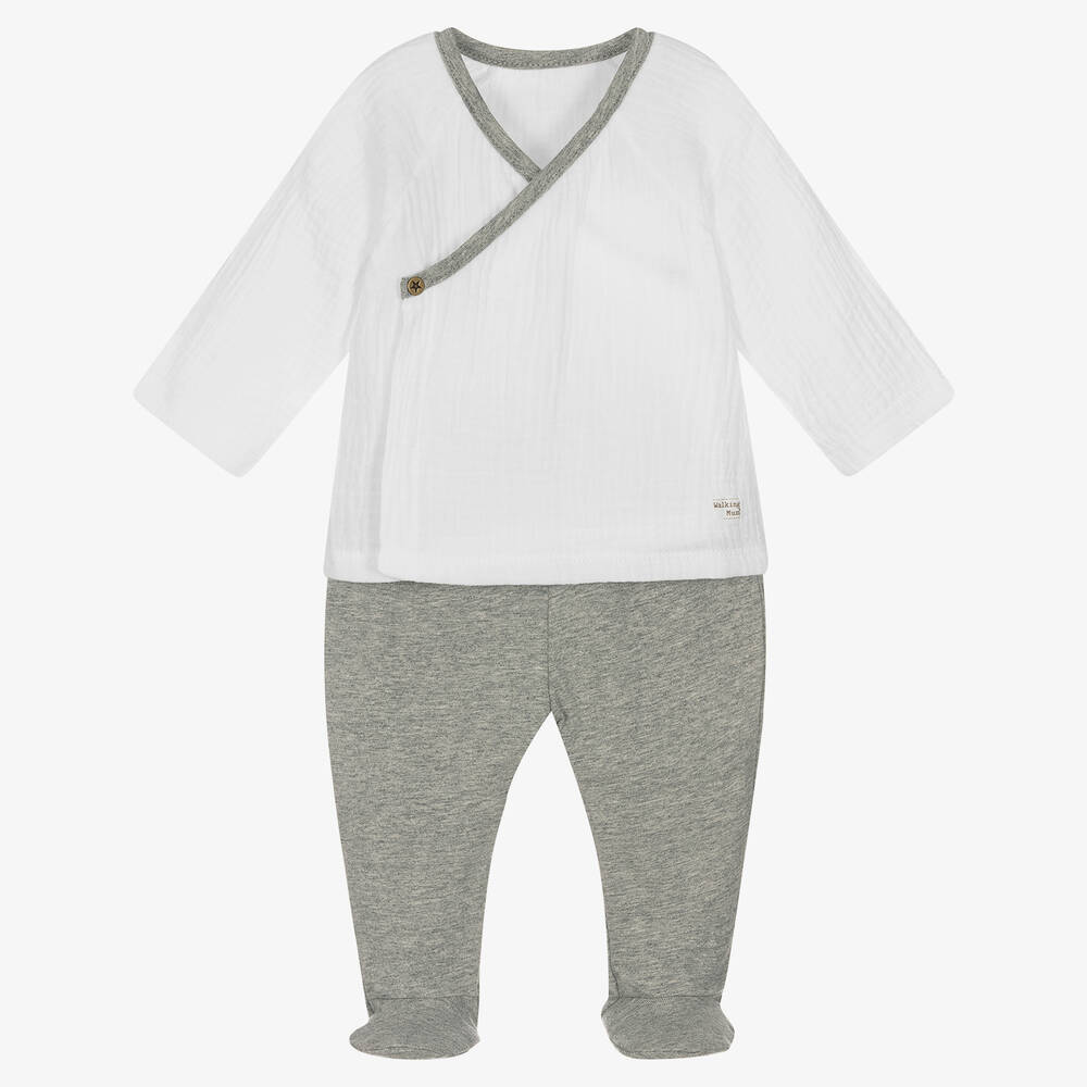 Pasito a Pasito - Boys White & Grey 2-Piece Babygrow | Childrensalon