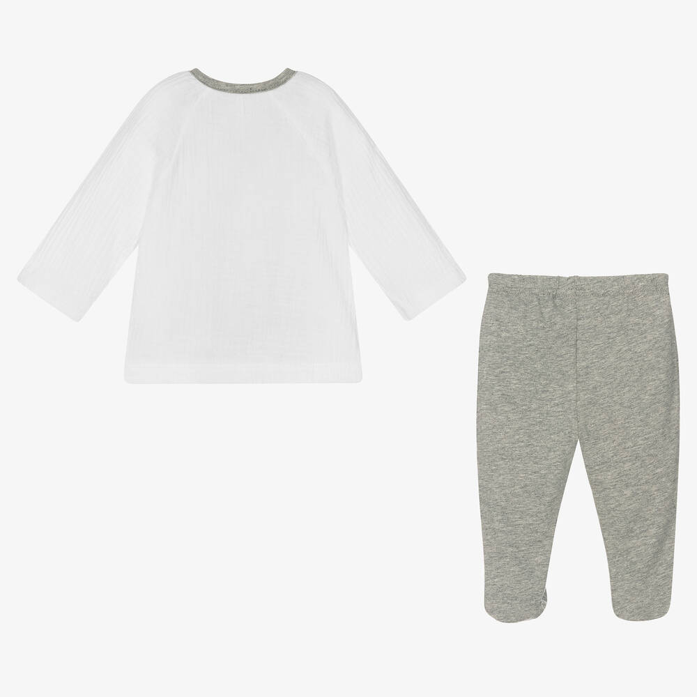 Pasito a Pasito-Boys White & Grey 2-Piece Babygrow | Childrensalon Outlet