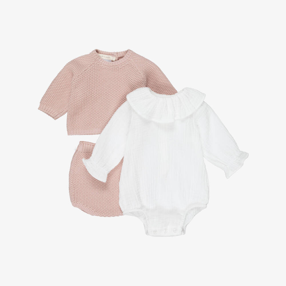 Pasito a Pasito Walking Mum-Girls Pink Cotton Knit Cardigan & Shorts Set | Childrensalon Outlet