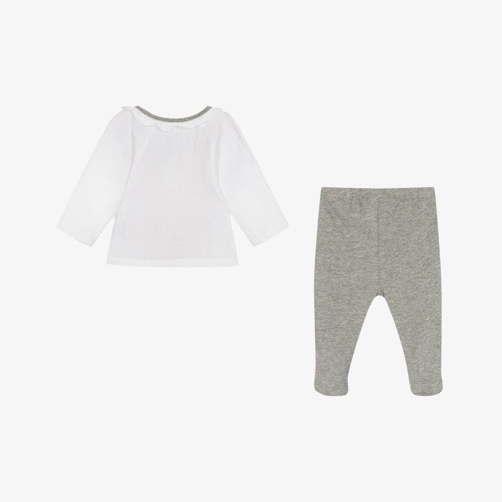 Pasito a Pasito-Girls White & Grey 2 Piece Babygrow | Childrensalon Outlet